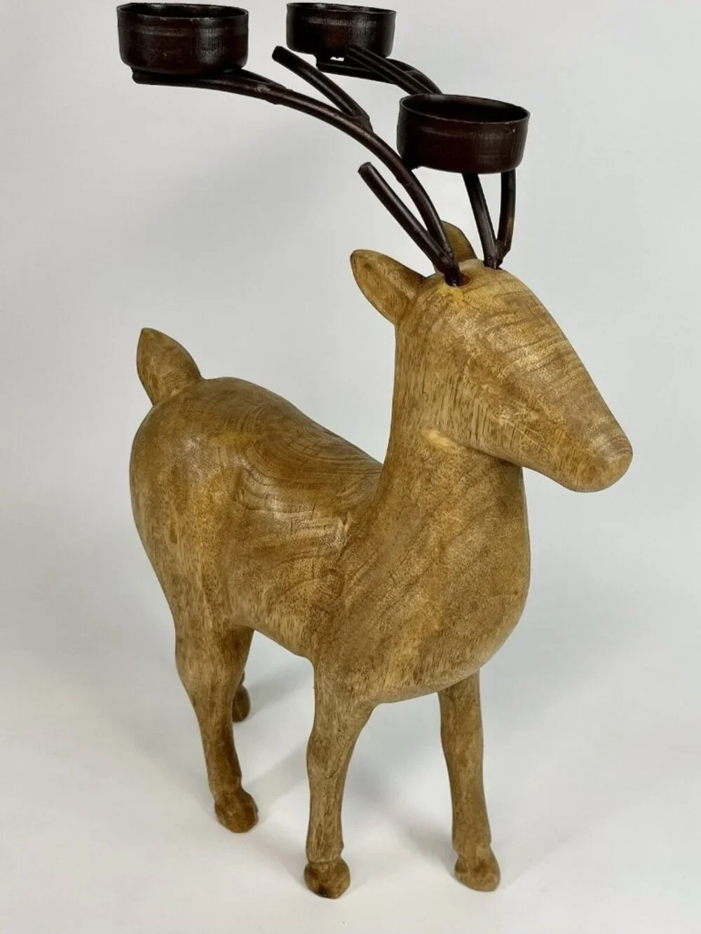 Rustic Carved Wood Reindeer Metal Antlers 3 Tealight Candle Holder Holiday